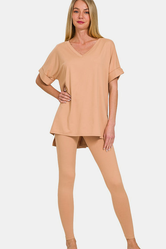 Full Size V-Neck Rolled Short Sleeve T-Shirt and Leggings Lounge Set