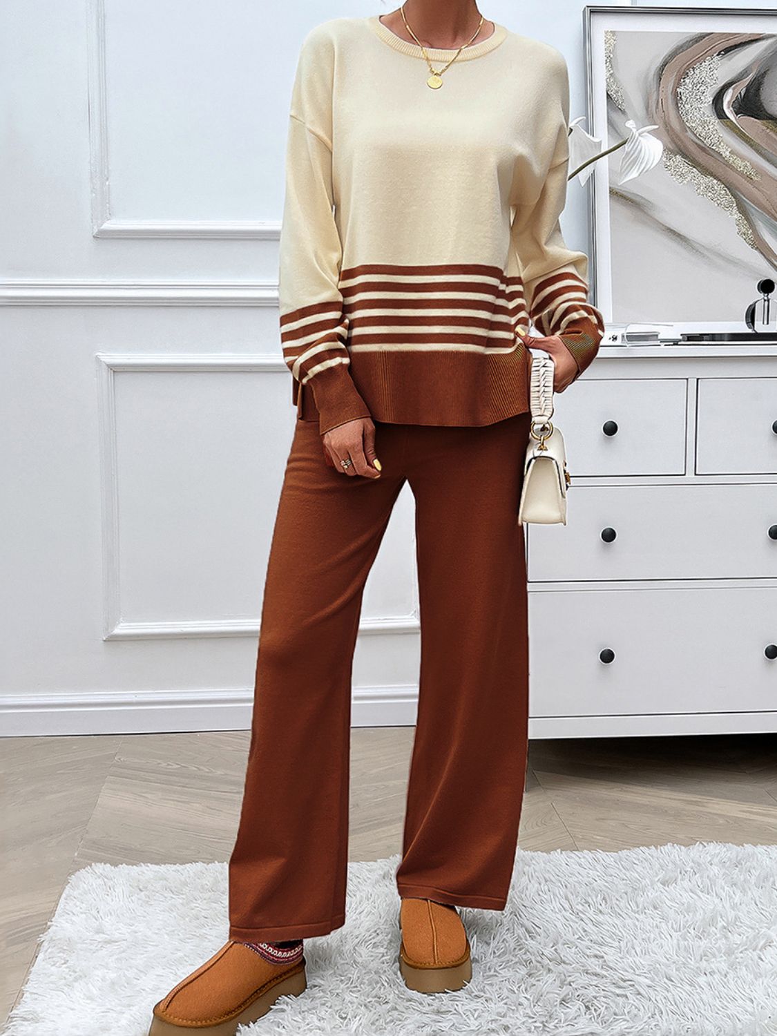 Slit Striped Round Neck Top and Pants Sweater Set (Multiple colors available)