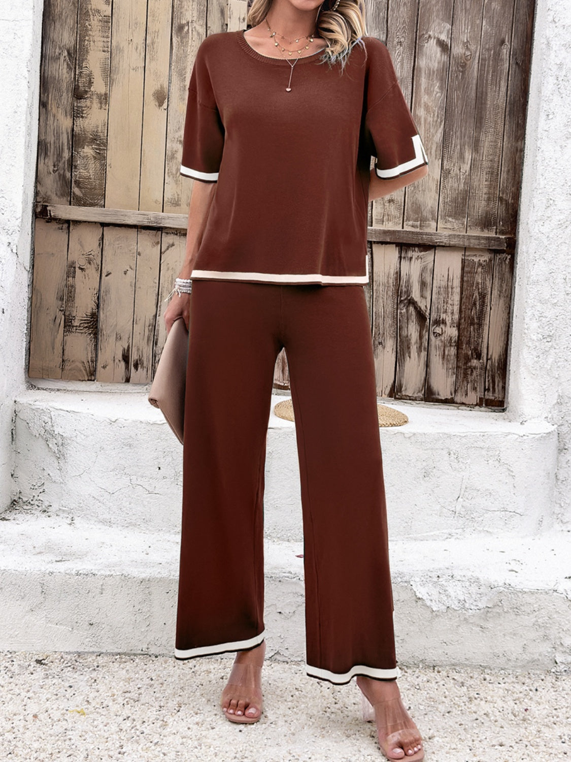 Contrast Trim Round Neck Top and Pants Set ( Multiple colors available)