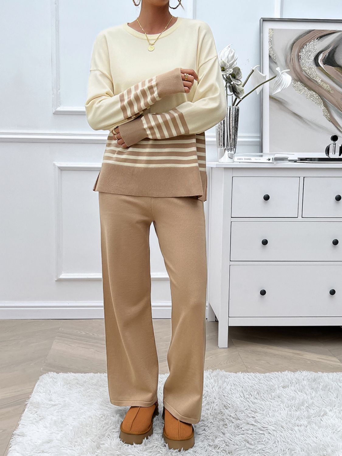 Slit Striped Round Neck Top and Pants Sweater Set (Multiple colors available)