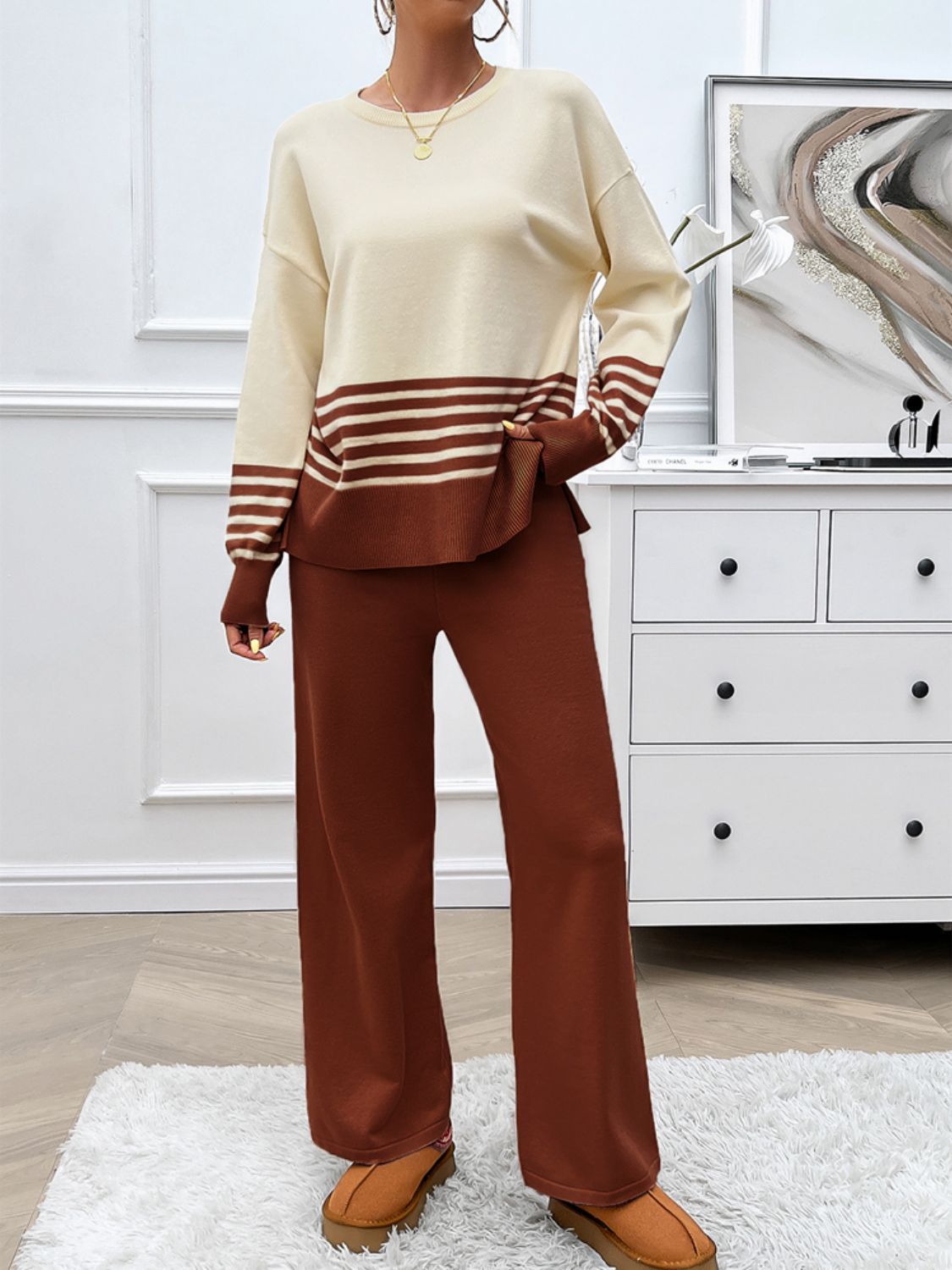 Slit Striped Round Neck Top and Pants Sweater Set (Multiple colors available)