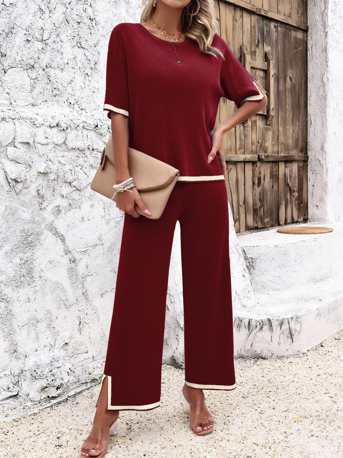 Contrast Trim Round Neck Top and Pants Set ( Multiple colors available)