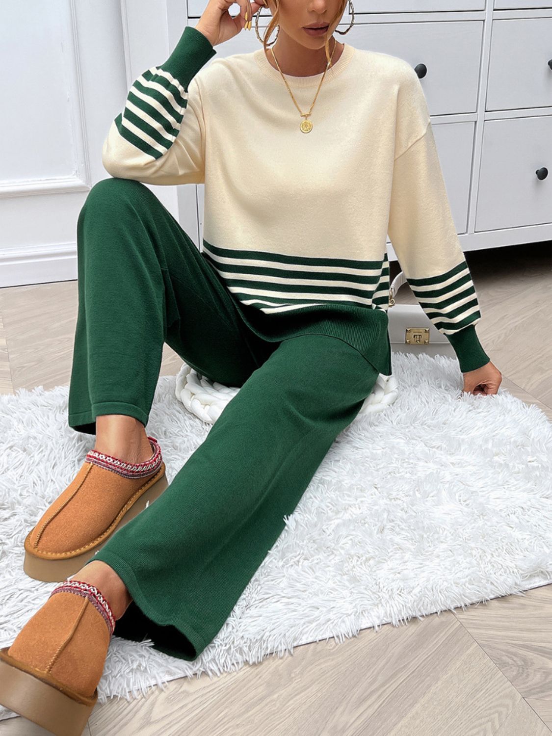 Slit Striped Round Neck Top and Pants Sweater Set (Multiple colors available)