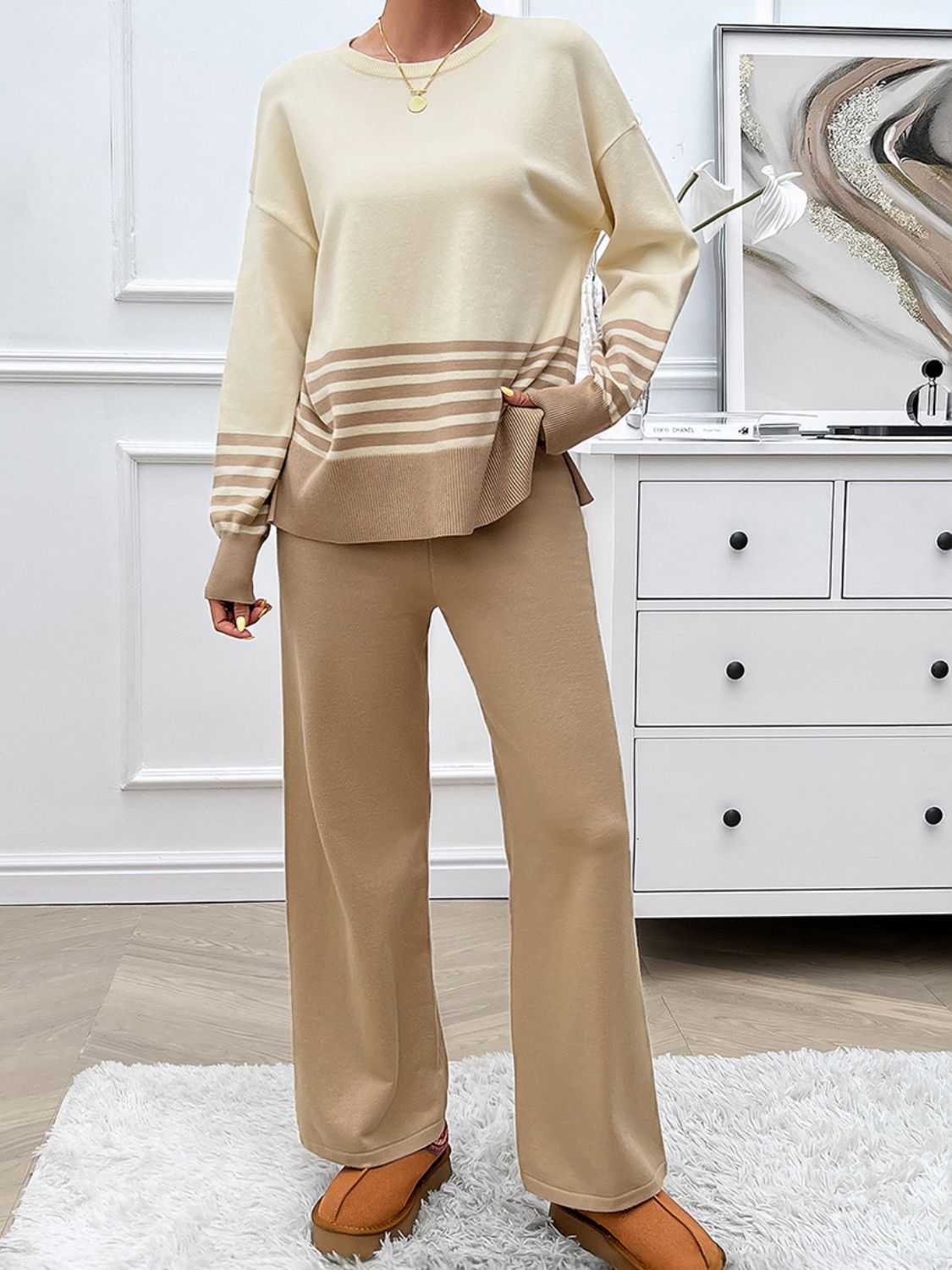 Slit Striped Round Neck Top and Pants Sweater Set (Multiple colors available)