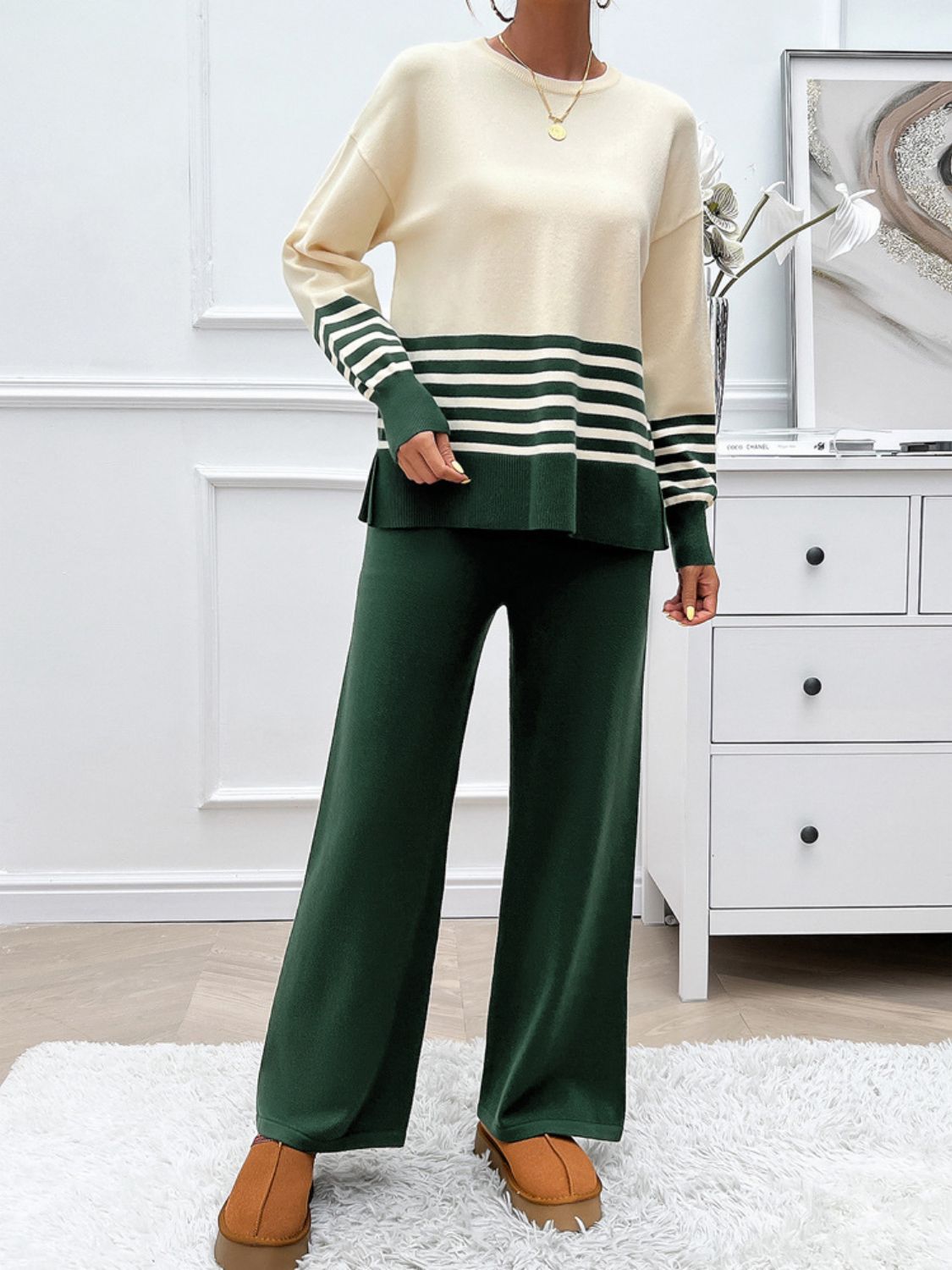 Slit Striped Round Neck Top and Pants Sweater Set (Multiple colors available)