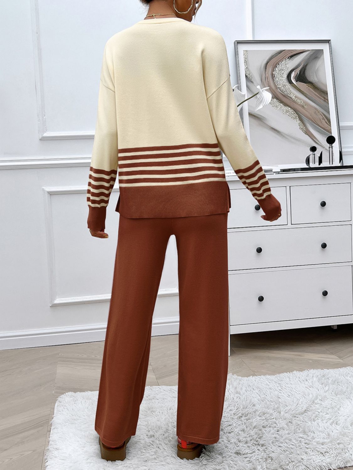 Slit Striped Round Neck Top and Pants Sweater Set (Multiple colors available)