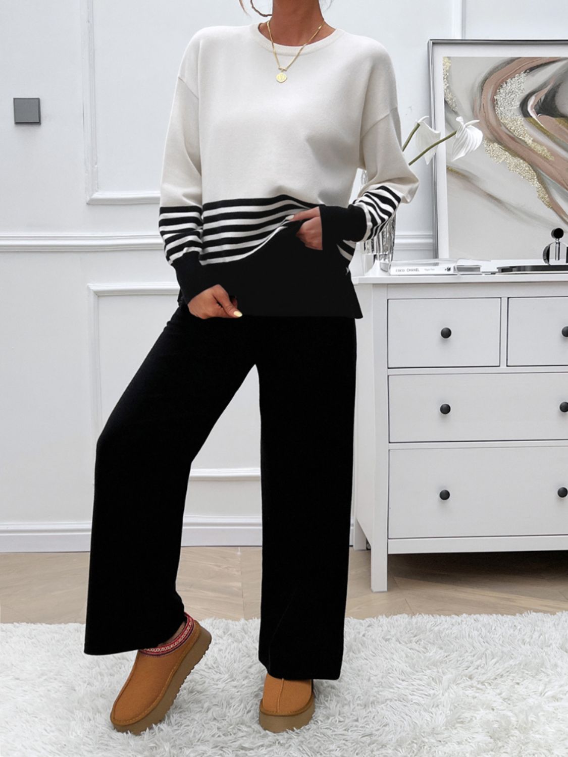 Slit Striped Round Neck Top and Pants Sweater Set (Multiple colors available)