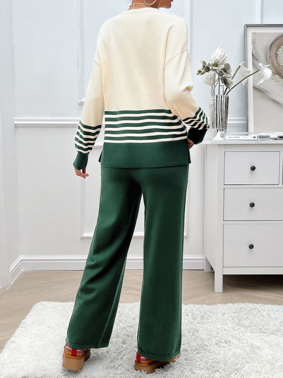 Slit Striped Round Neck Top and Pants Sweater Set (Multiple colors available)