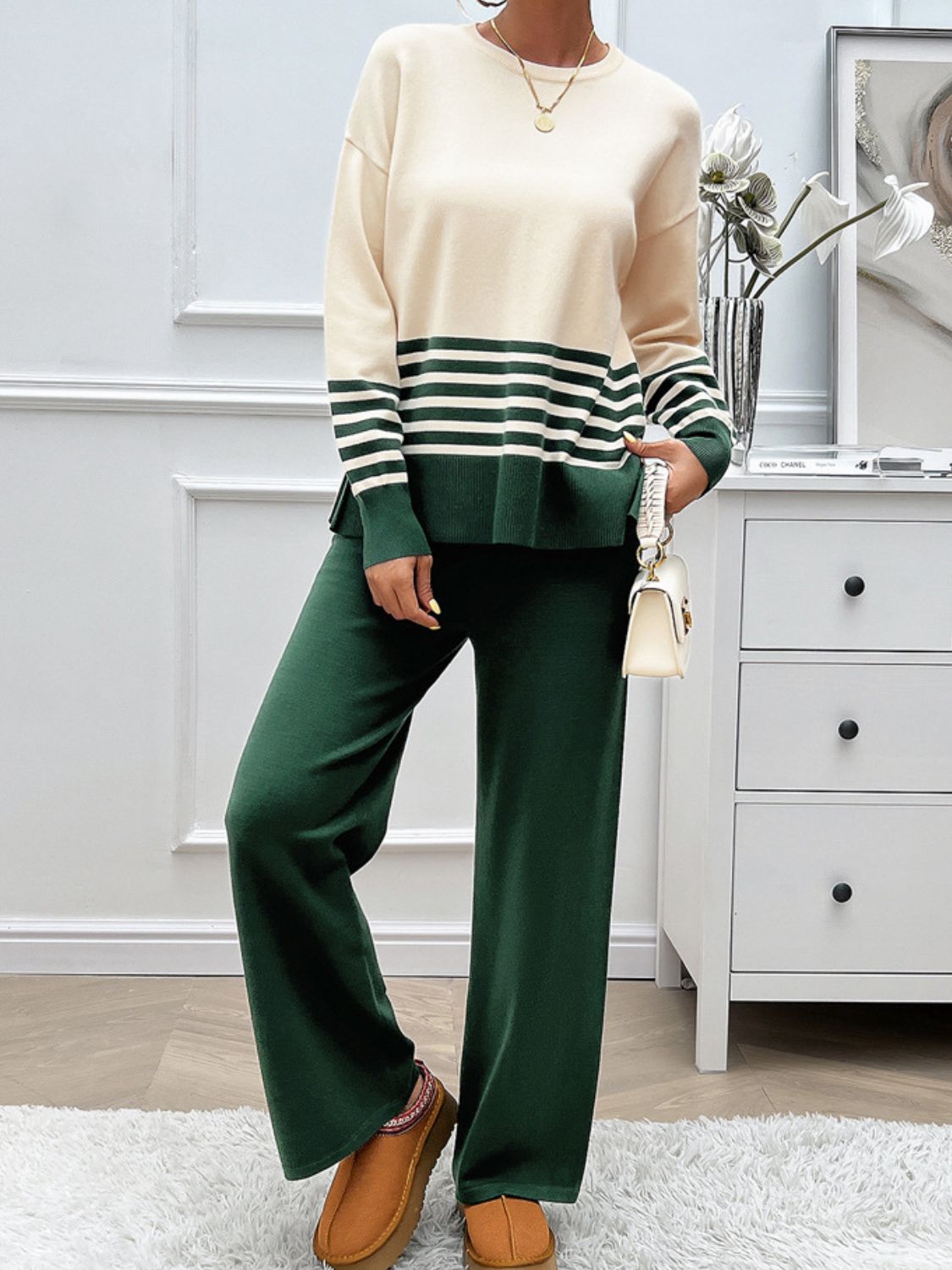 Slit Striped Round Neck Top and Pants Sweater Set (Multiple colors available)