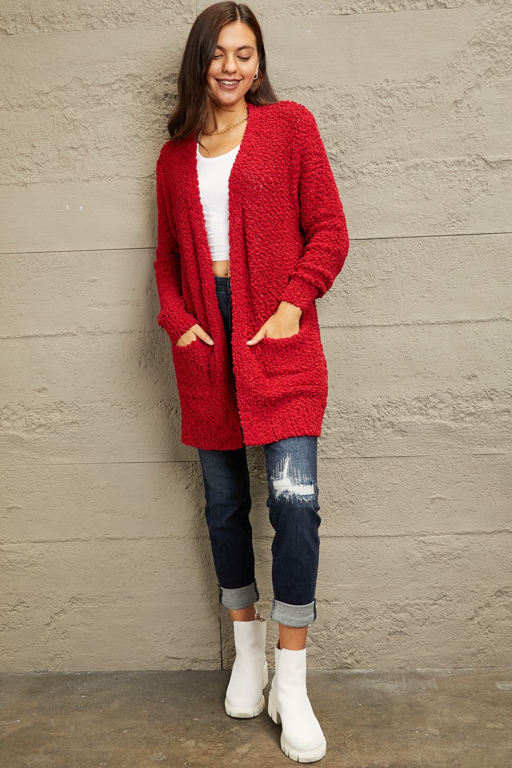 Falling For You Full Size Open Front Popcorn Cardigan