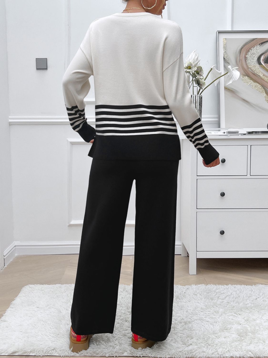 Slit Striped Round Neck Top and Pants Sweater Set (Multiple colors available)