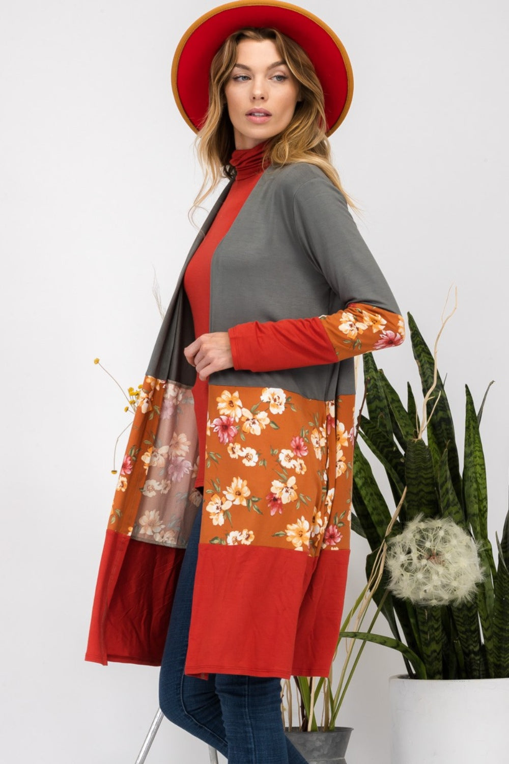 Full Size Floral Color Block Open Front Cardigan