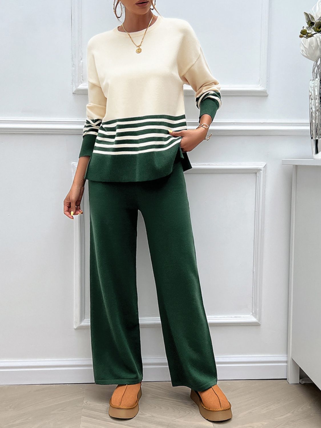 Slit Striped Round Neck Top and Pants Sweater Set (Multiple colors available)