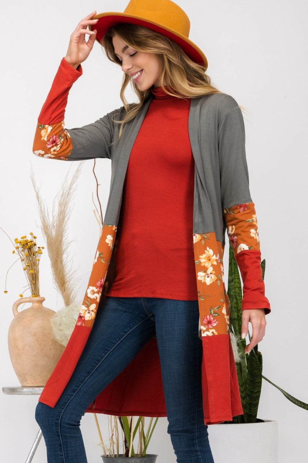 Full Size Floral Color Block Open Front Cardigan