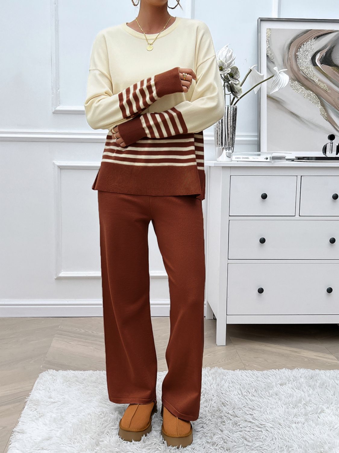 Slit Striped Round Neck Top and Pants Sweater Set (Multiple colors available)