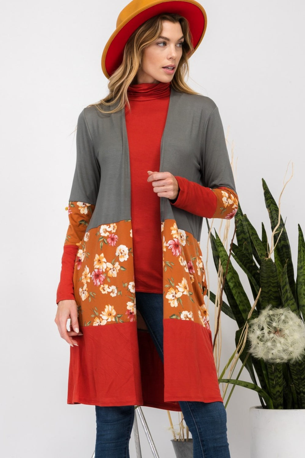 Full Size Floral Color Block Open Front Cardigan