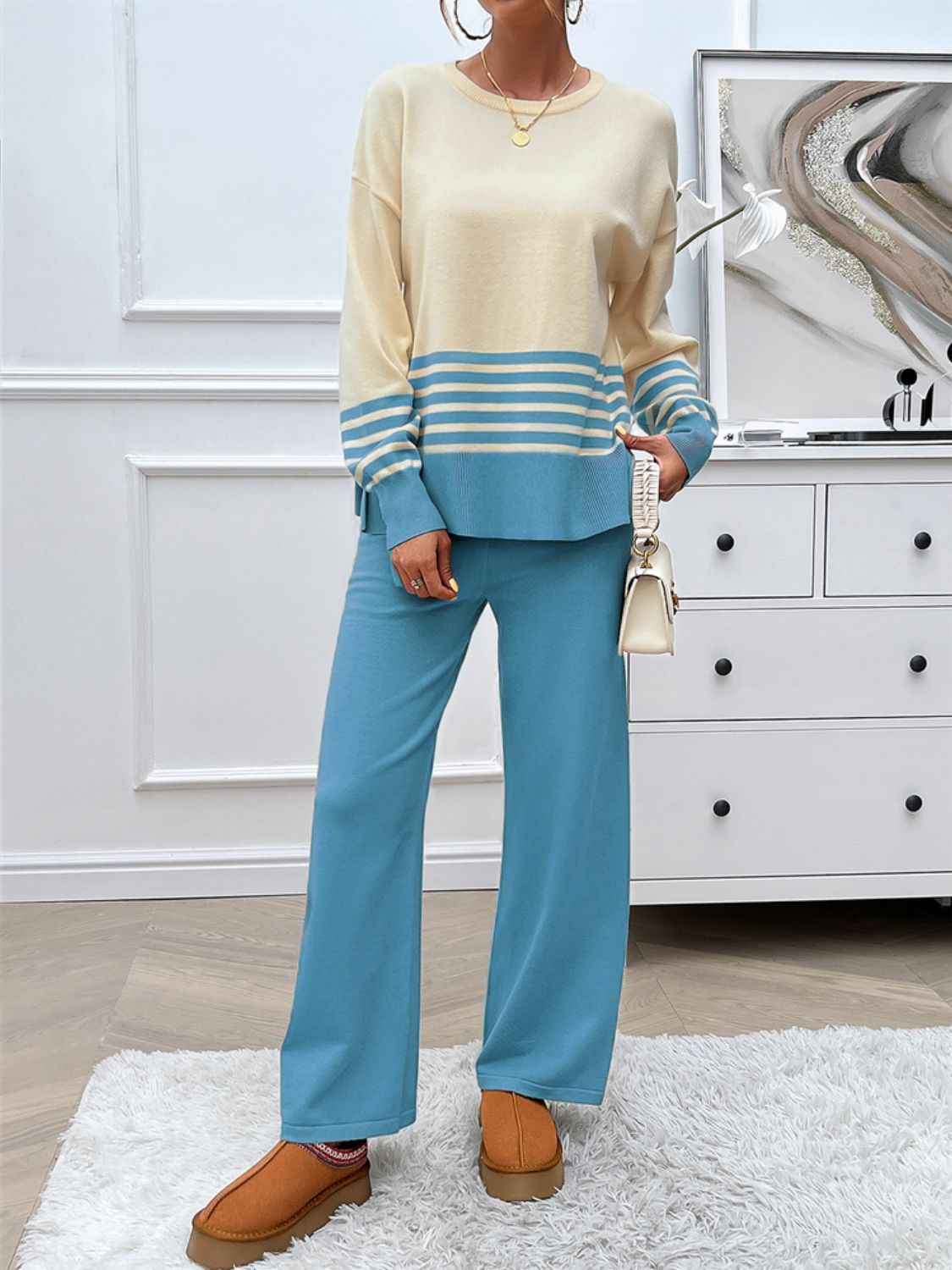 Slit Striped Round Neck Top and Pants Sweater Set (Multiple colors available)