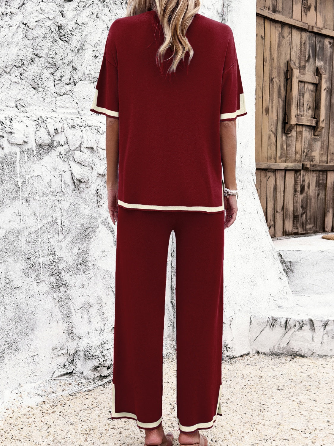 Contrast Trim Round Neck Top and Pants Set ( Multiple colors available)