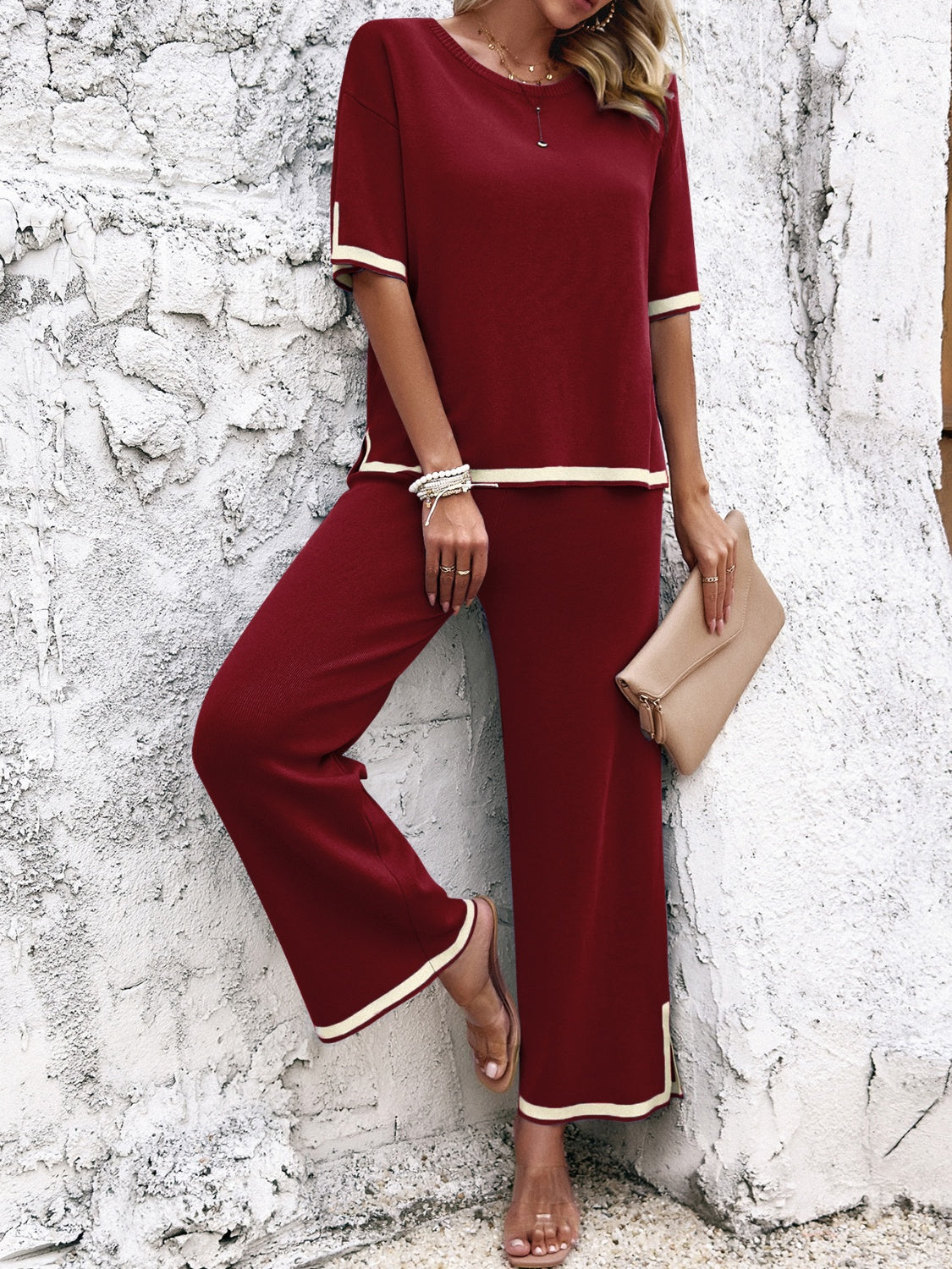 Contrast Trim Round Neck Top and Pants Set ( Multiple colors available)