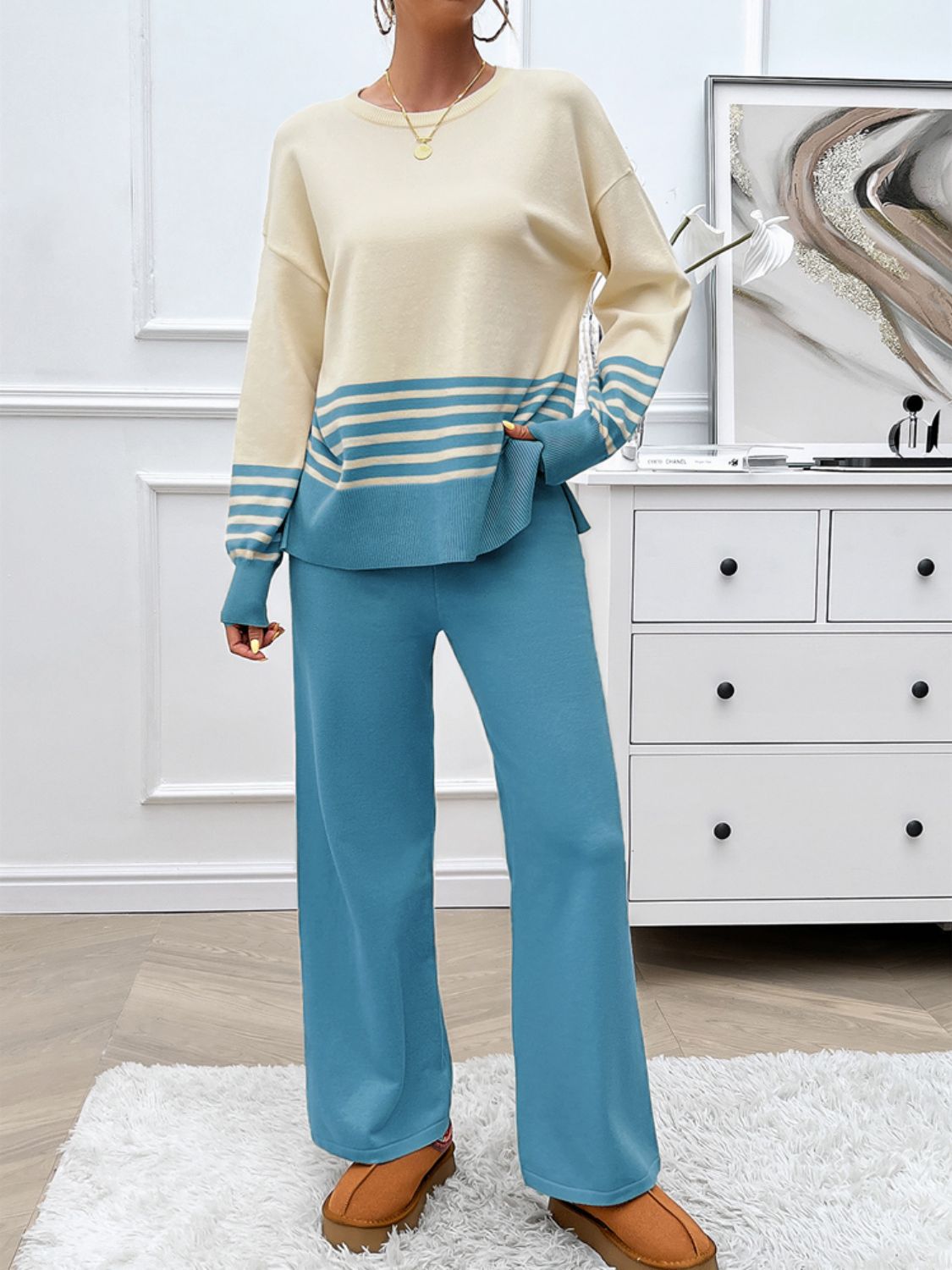 Slit Striped Round Neck Top and Pants Sweater Set (Multiple colors available)