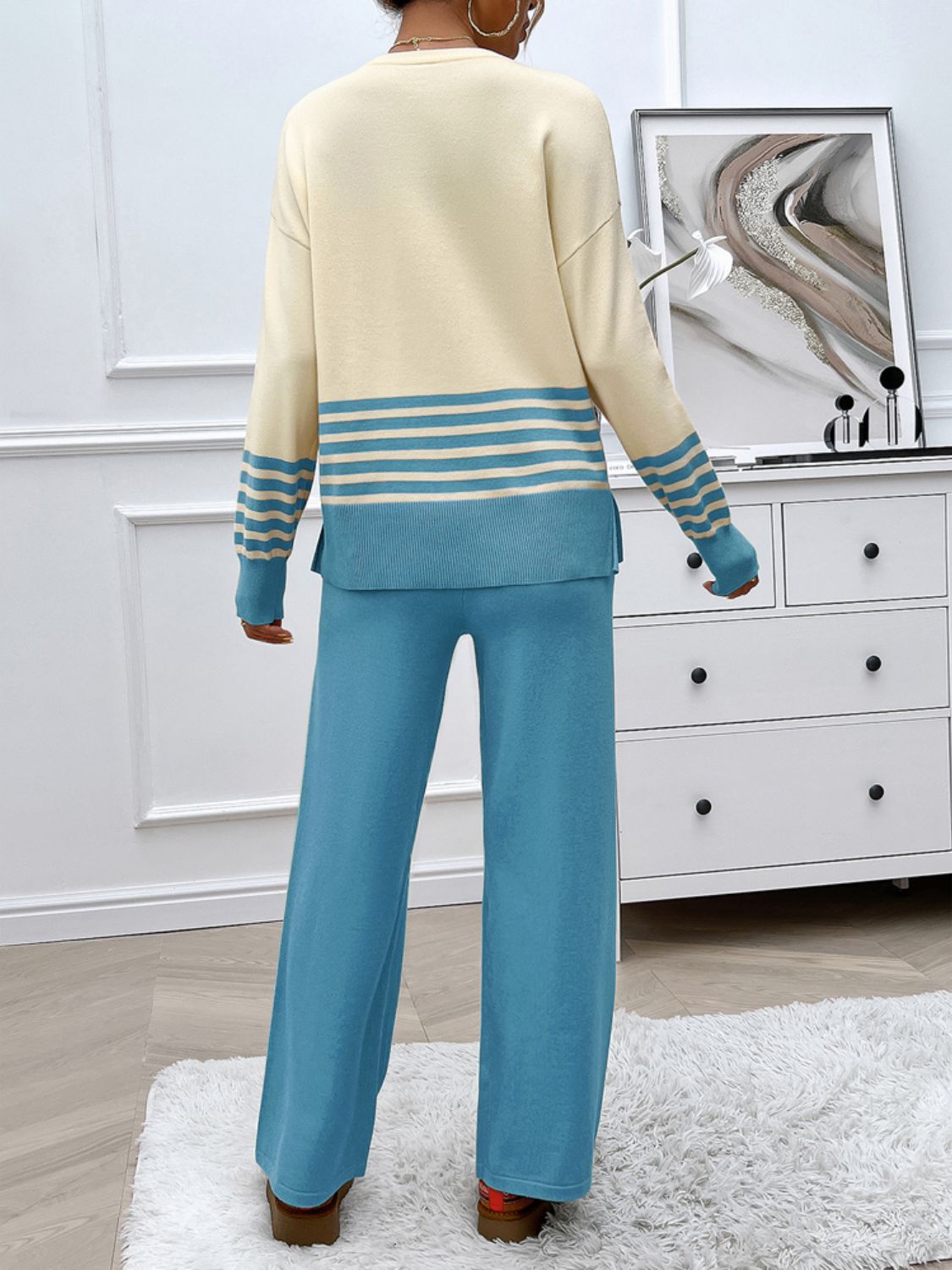 Slit Striped Round Neck Top and Pants Sweater Set (Multiple colors available)