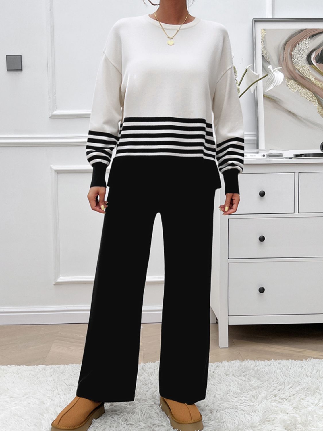 Slit Striped Round Neck Top and Pants Sweater Set (Multiple colors available)