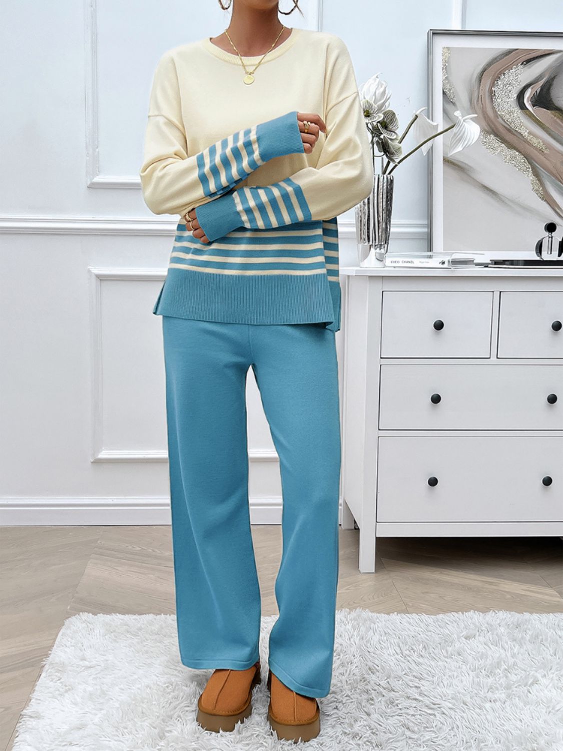 Slit Striped Round Neck Top and Pants Sweater Set (Multiple colors available)