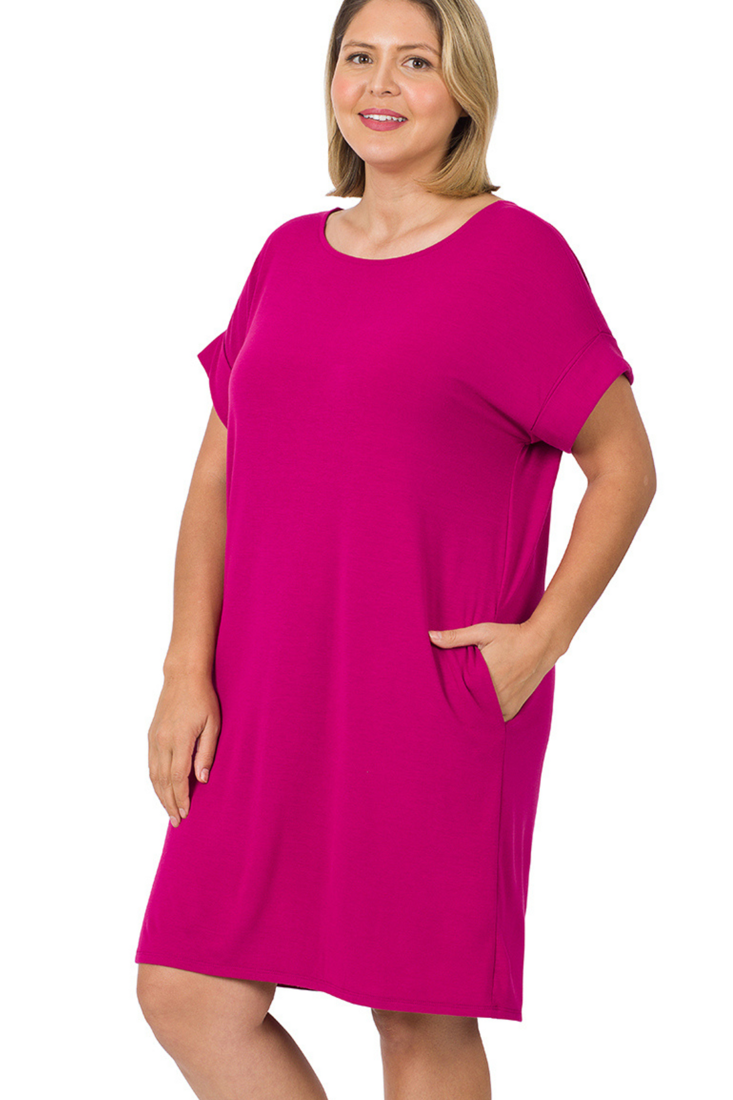 Rolled Short Sleeve Dress - Magenta