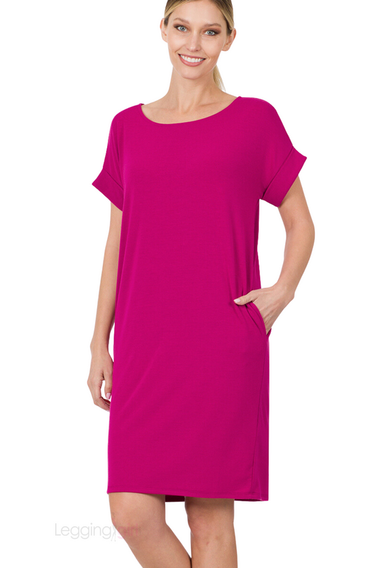 Rolled Short Sleeve Dress - Magenta